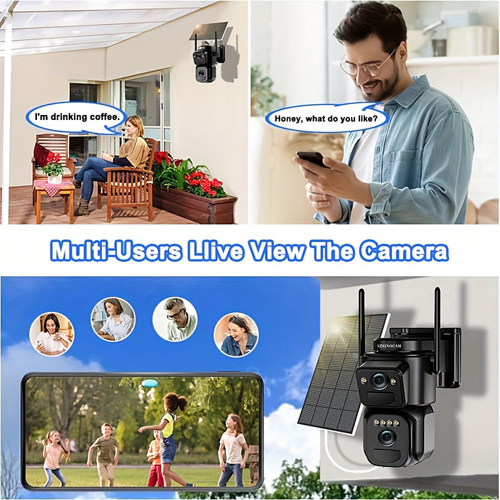 Solar powered 2K outdoor security camera with 360-degree pan and spotlight