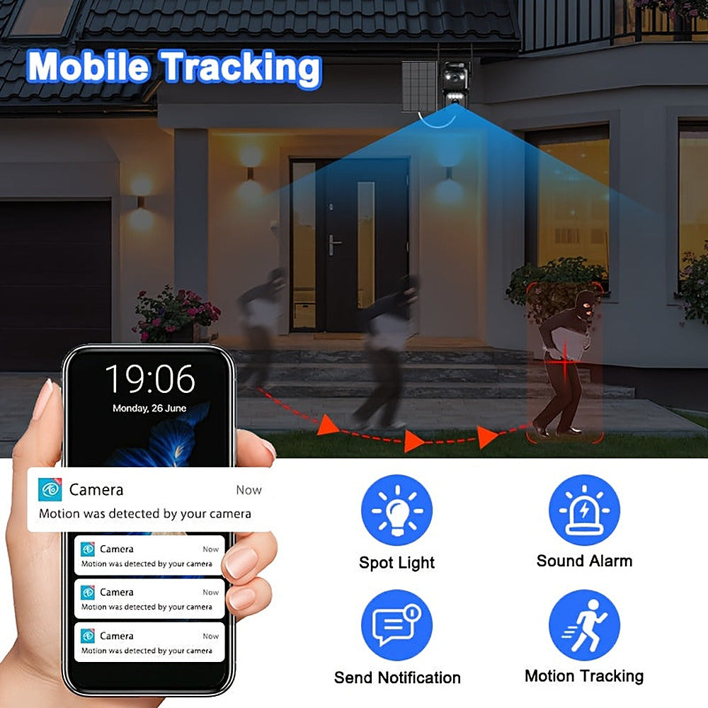 Solar powered 2K outdoor security camera with 360-degree pan and spotlight