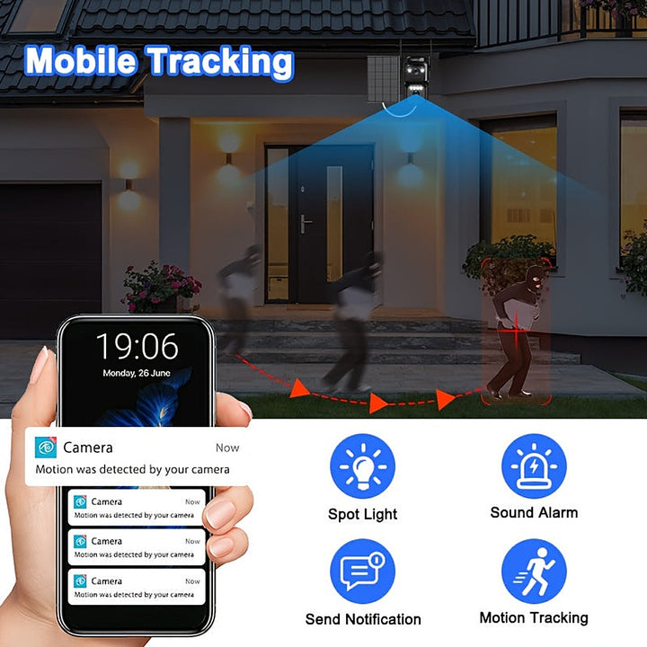 Solar powered 2K outdoor security camera with 360-degree pan and spotlight