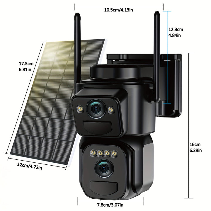 Solar powered 2K outdoor security camera with 360-degree pan and spotlight