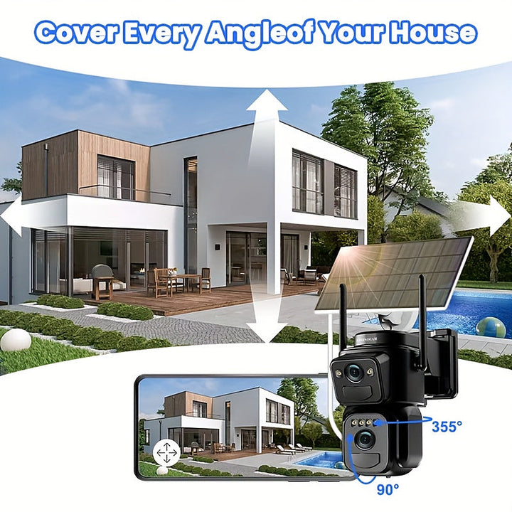 Solar powered 2K outdoor security camera with 360-degree pan and spotlight