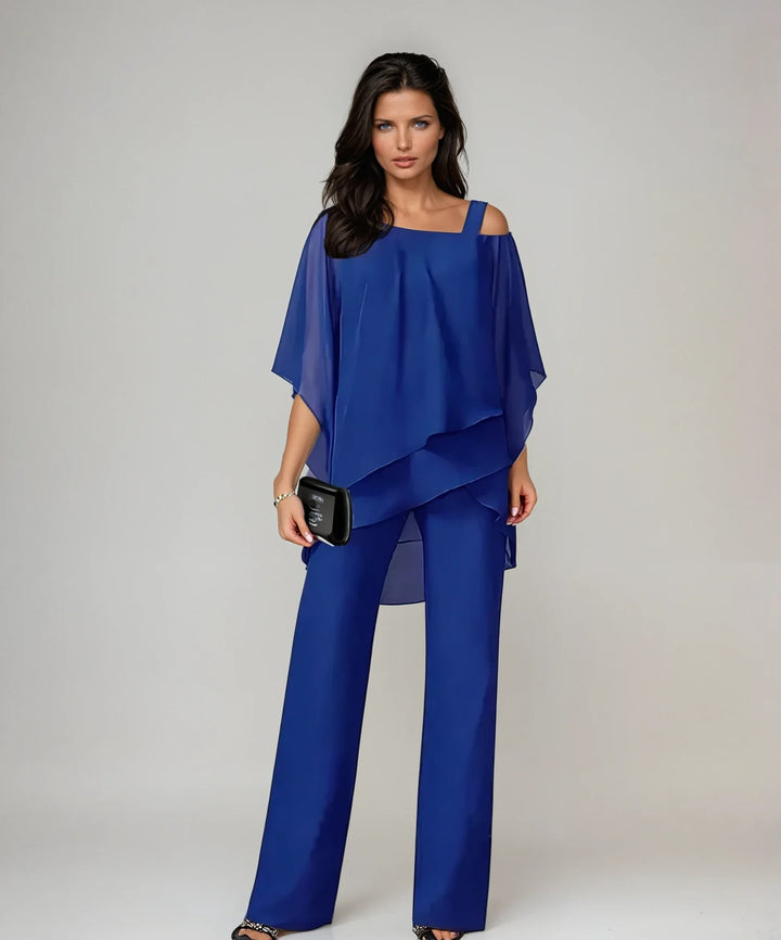 Side angle showing the draped layers and wide-leg silhouette of the Elegant Two-Piece Layered Set