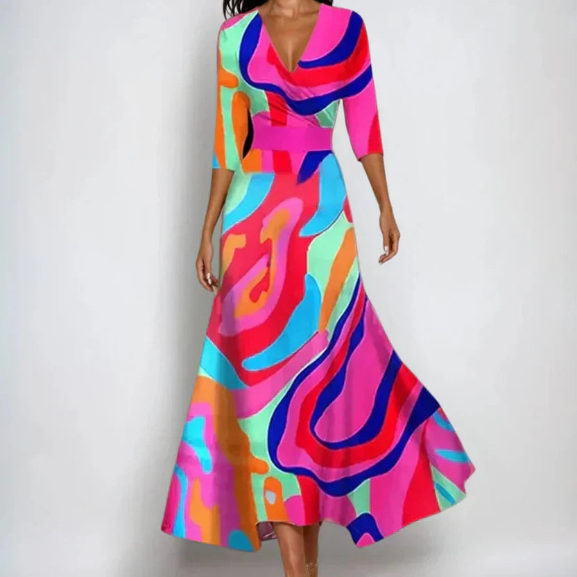 Detail shot of floral wrap maxi dress neckline and upper bodice with V-neck design