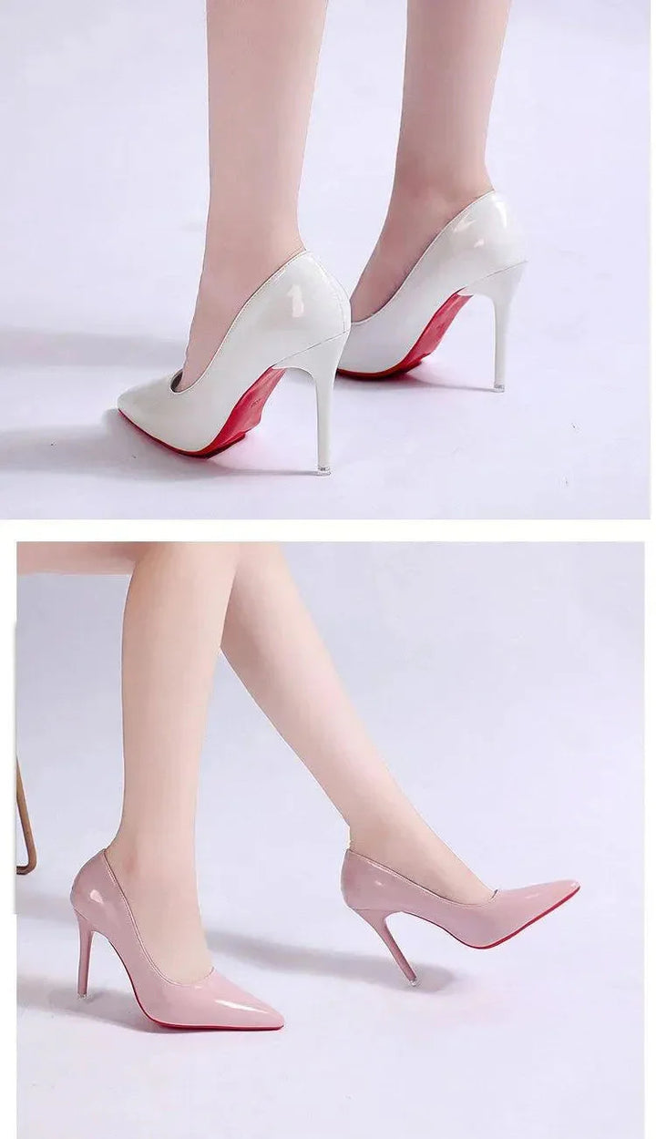 Side view of pointed toe stiletto heels showing streamlined silhouette and low-cut vamp