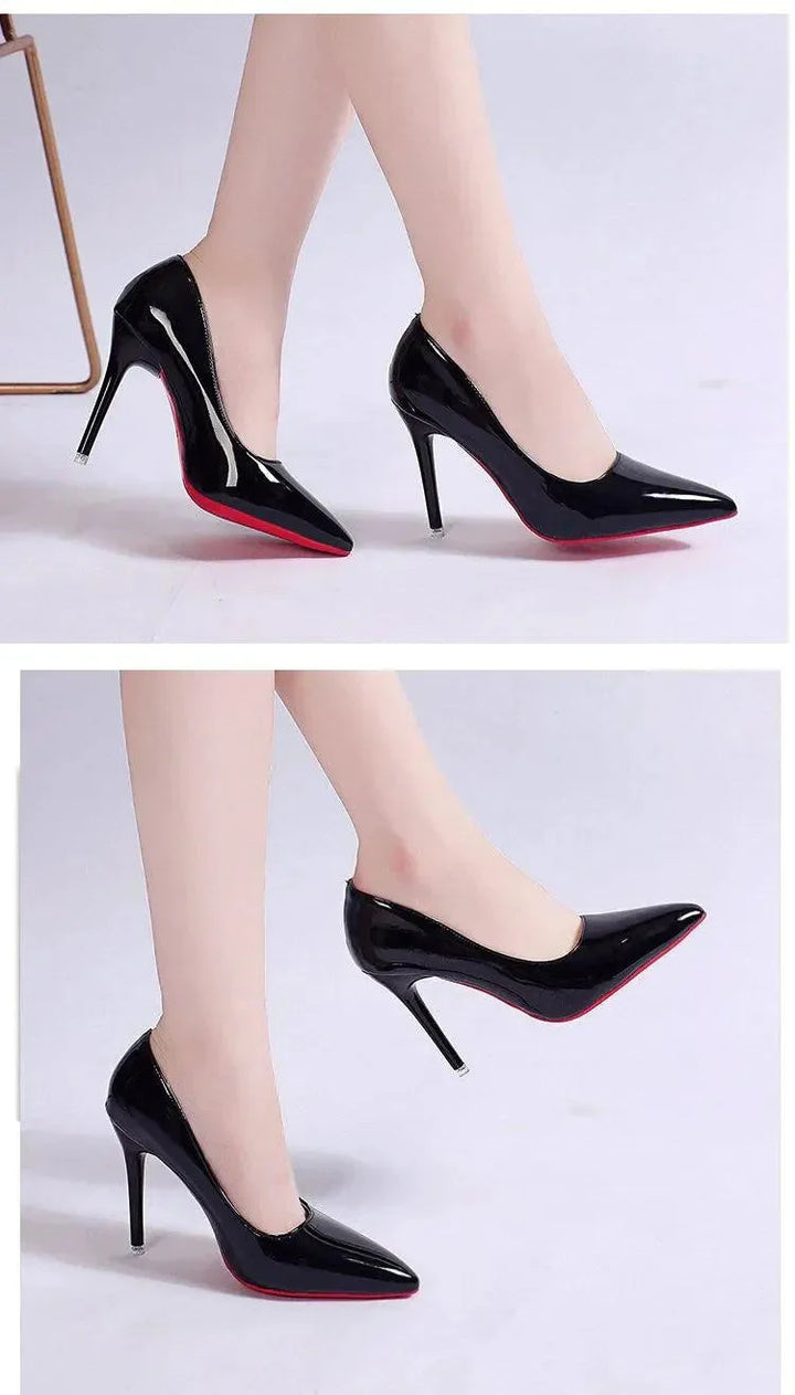 Close-up of glossy patent upper on pointed toe stiletto heels with structured finish