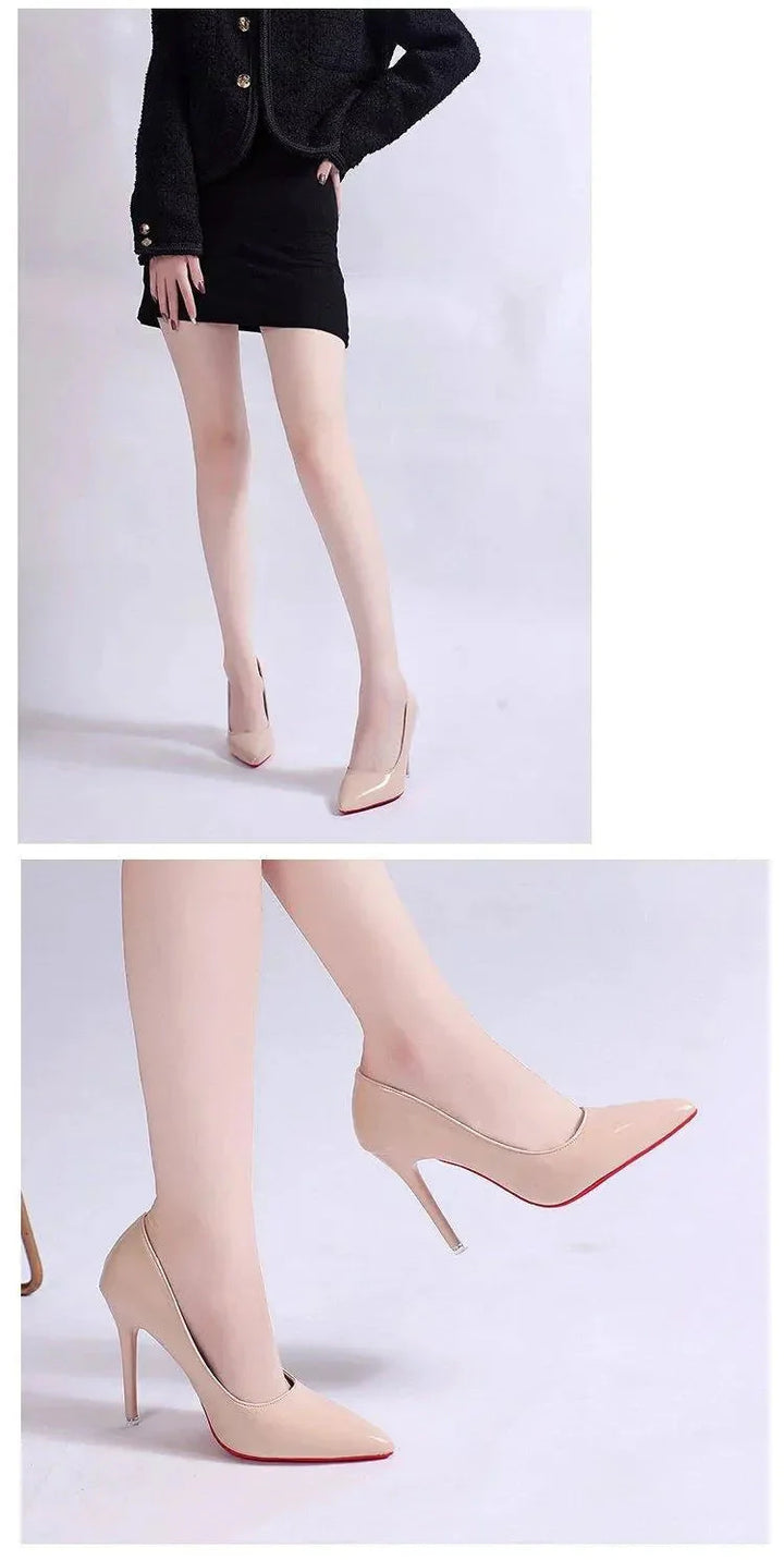 Pointed toe stiletto heels styled with black mini skirt and textured jacket