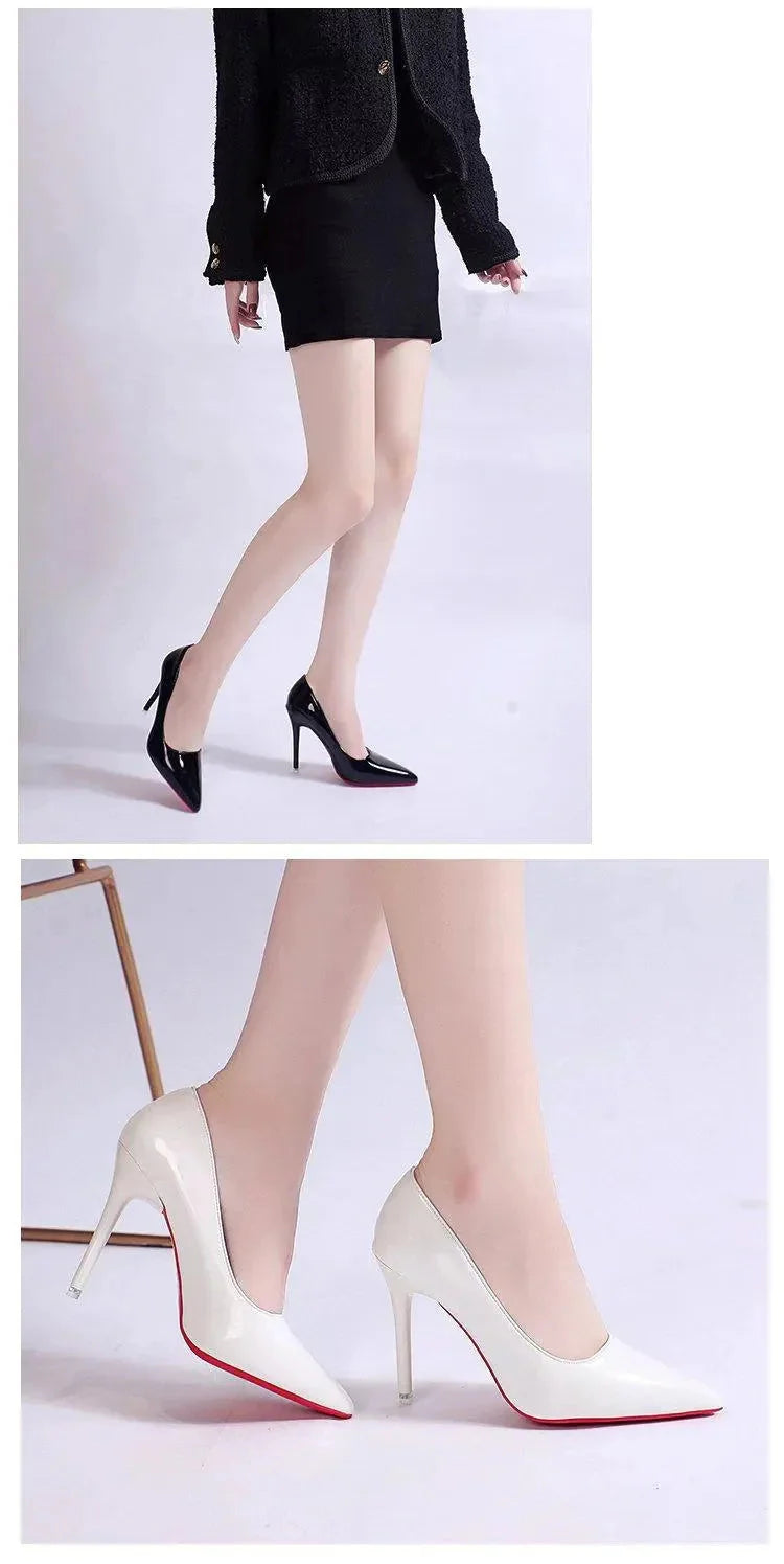 Overhead view of pointed toe stiletto heels in black and nude colourways
