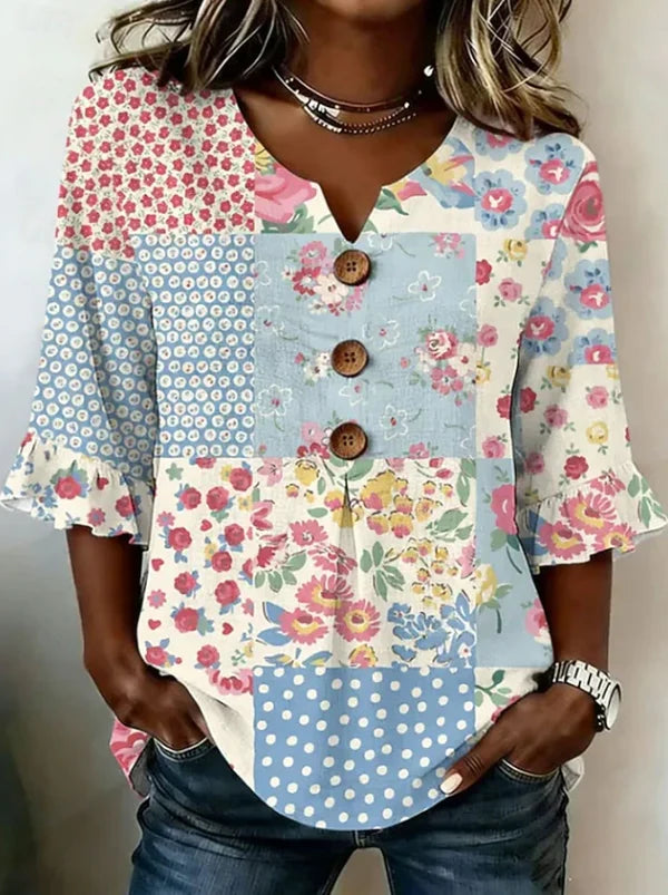 Sophie wearing a Women's Bohemian Floral Button Blouse with patchwork floral prints and polka dot panels in relaxed fit
