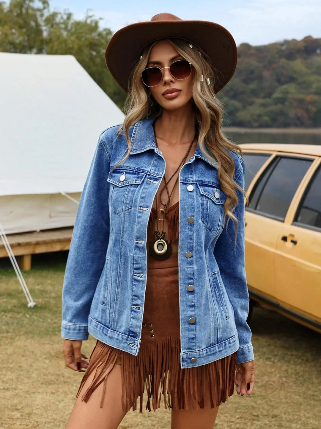 Sophie wearing a Women's Denim Casual Jacket with button-front closure and chest pockets in a relaxed outdoor setting