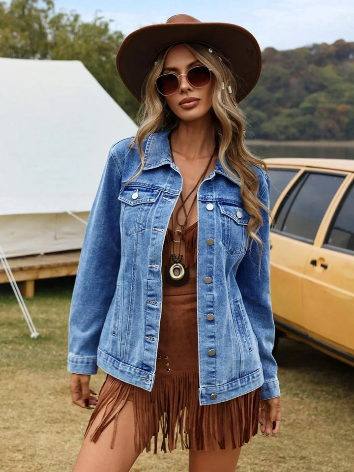 Sophie wearing a Women's Denim Casual Jacket with button-front closure and chest pockets in a relaxed outdoor setting