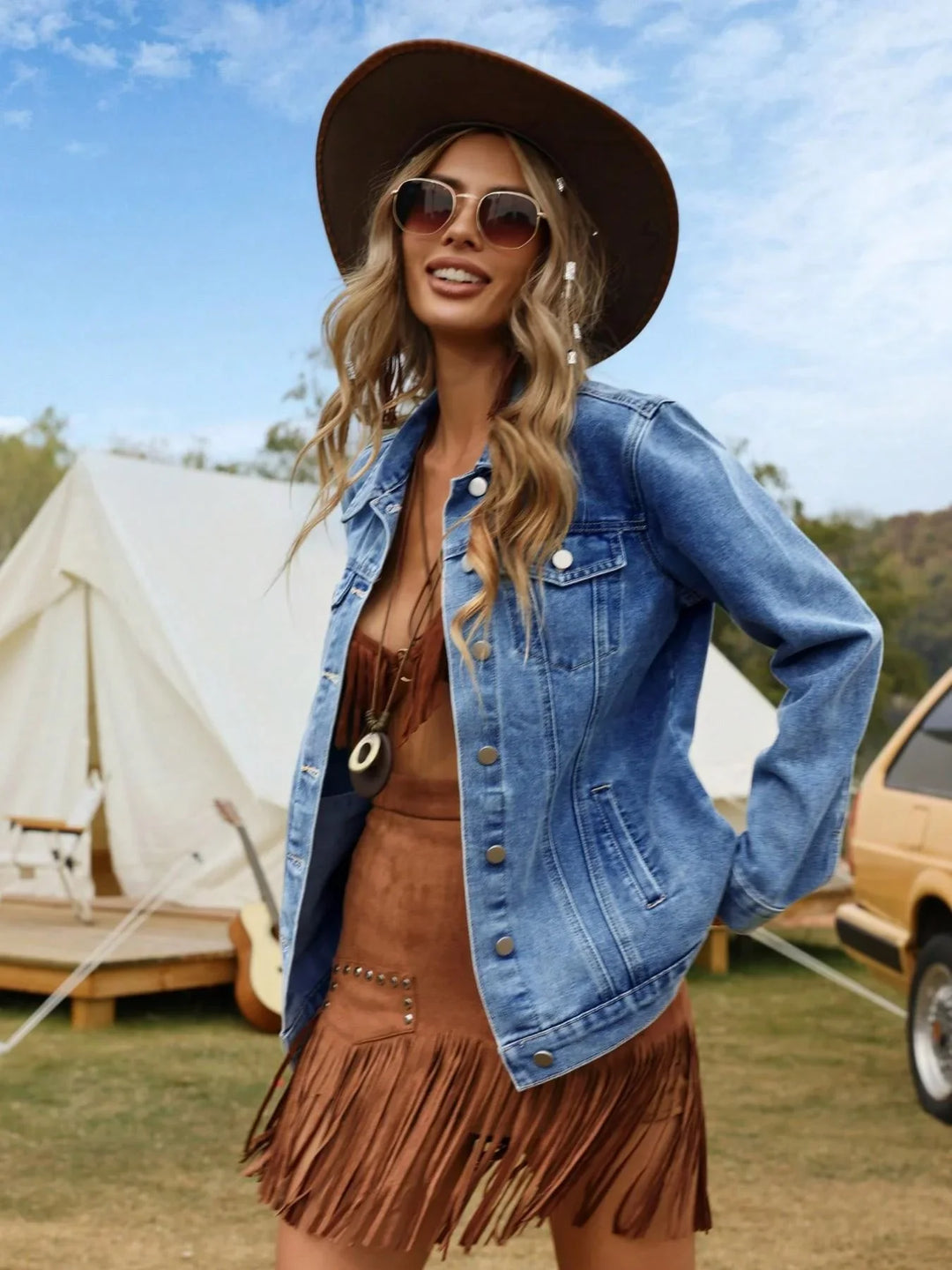 Close-up view of the Women's Denim Casual Jacket showing woven denim fabric and button details
