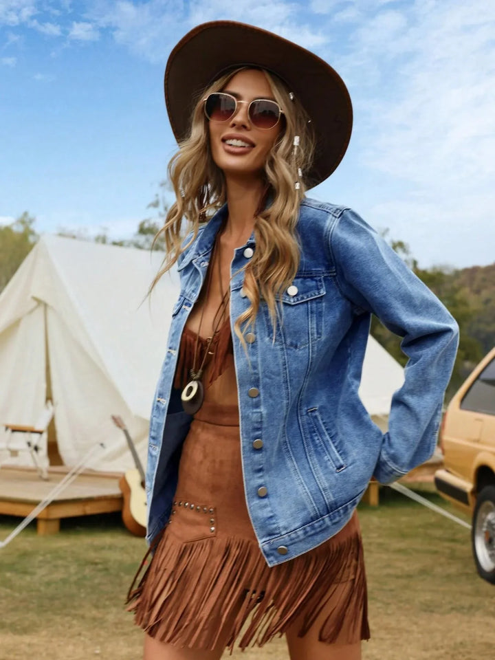 Close-up view of the Women's Denim Casual Jacket showing woven denim fabric and button details