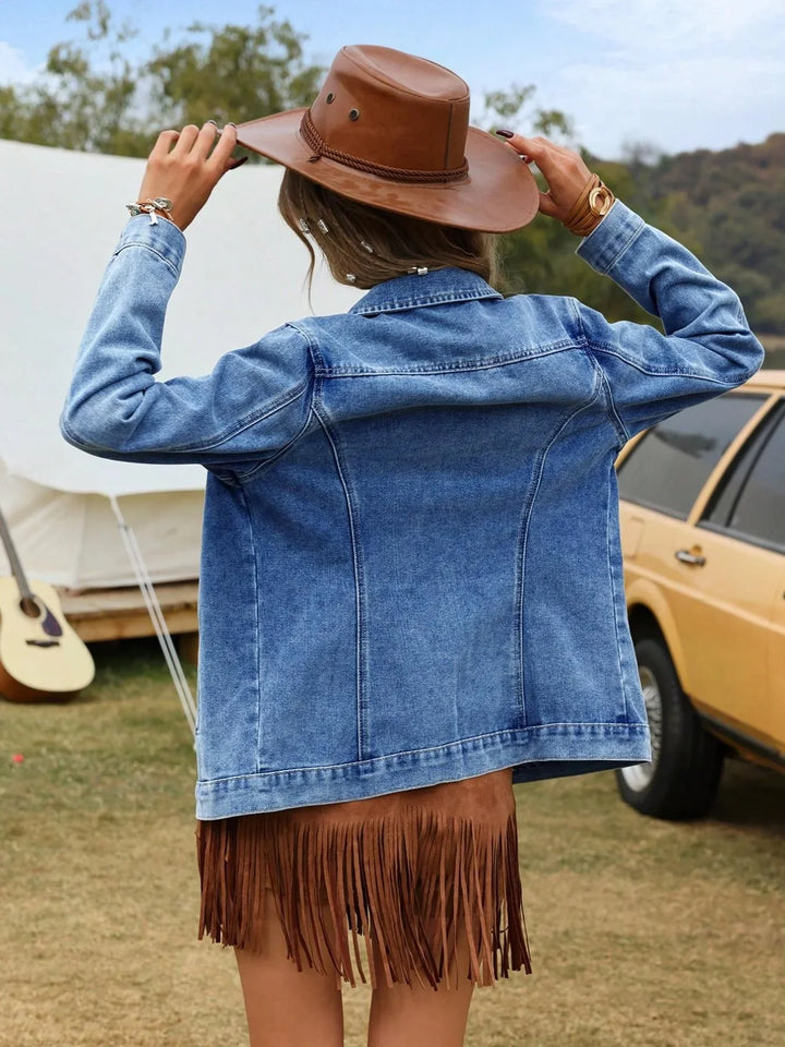 Side view of the Women's Denim Casual Jacket displaying relaxed fit and straight hem