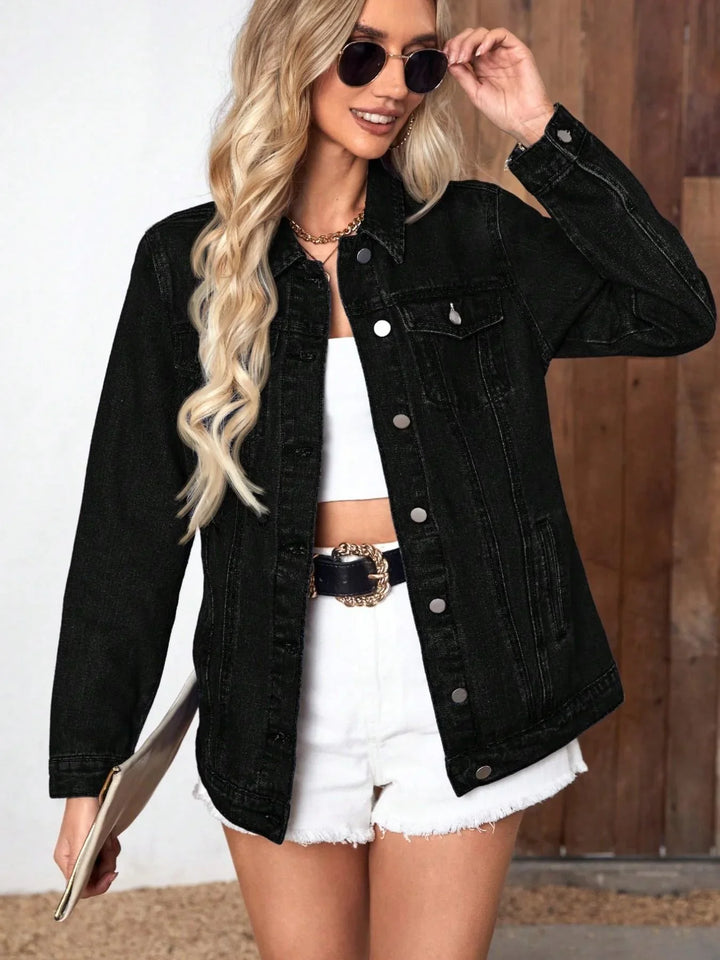 Detail shot of the Women's Denim Casual Jacket chest flap pockets and pointed collar