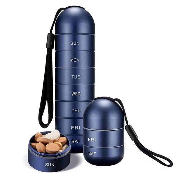 Aluminium Pill Organiser For 7 Days Travel Pill Box With Pill Container in blue metallic finish with seven labelled compartments