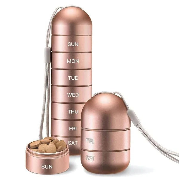 Aluminium pill container with moisture-resistant silicone gasket seal for secure medication storage during travel