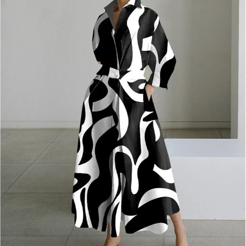 Close-up of collared wrap maxi dress collar and button-front placket with print detail
