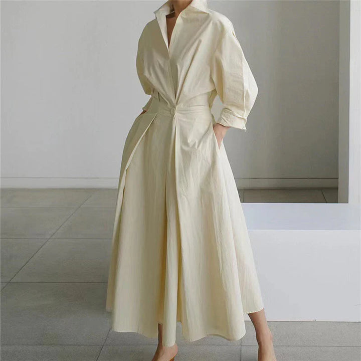 Side detail of collared wrap maxi dress showing wrap closure and adjustable tie waist