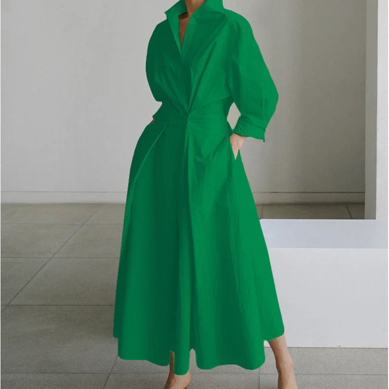 Side angle of collared wrap maxi dress highlighting wrap silhouette and long sleeve construction