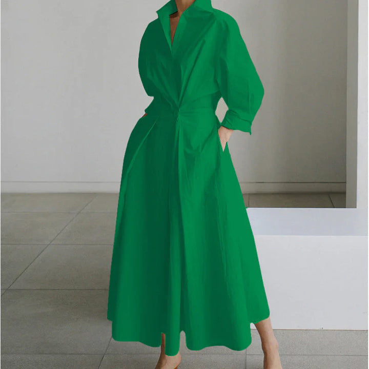 Side angle of collared wrap maxi dress highlighting wrap silhouette and long sleeve construction