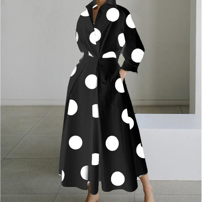 Full-length view of collared wrap maxi dress displaying shirt collar and maxi hem length