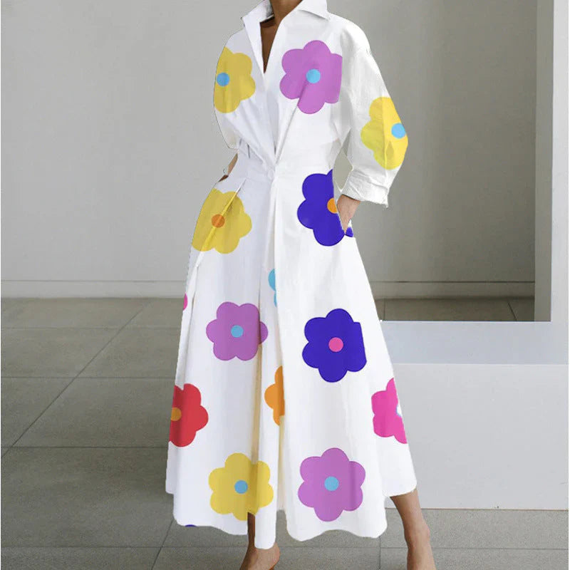 Back view of collared wrap maxi dress showing continuous print pattern and maxi length