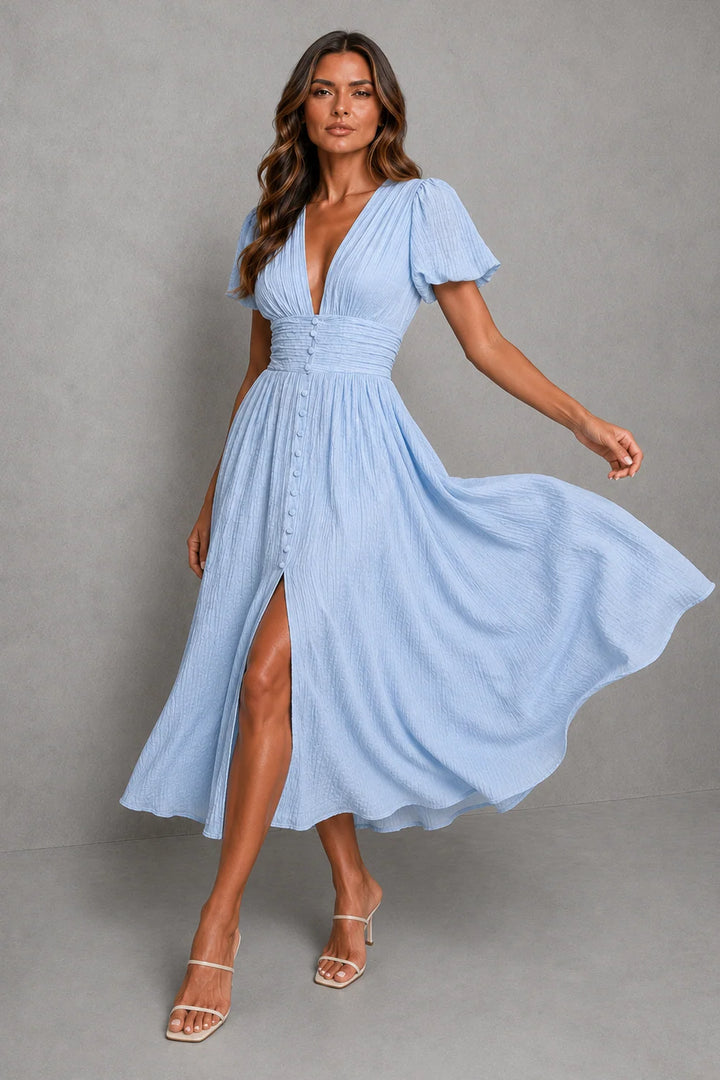 Women's Puff Sleeve Midi Dress for Casual Summer & Garden Party Wear in light blue with flowing skirt and fitted bodice