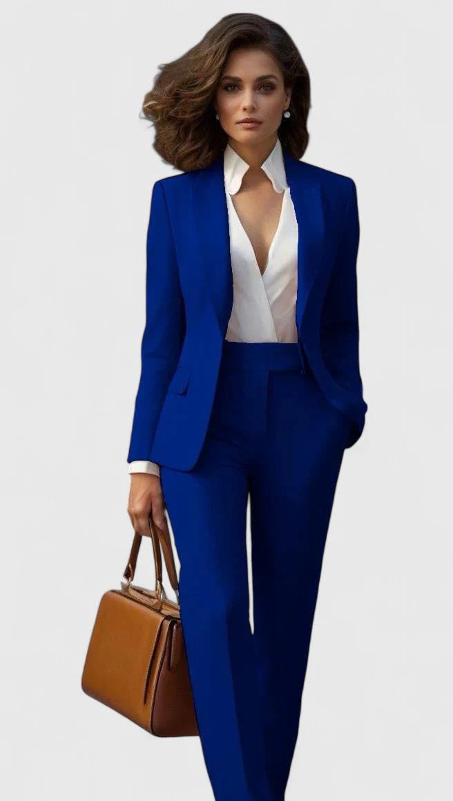 Women's tailored suit set styled with white shirt showing professional workwear coordination
