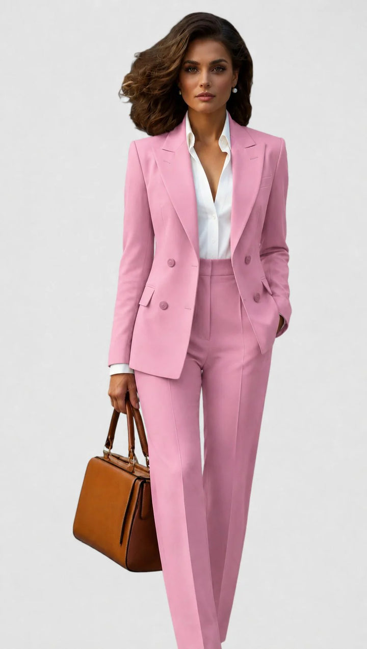 Back view of women's tailored suit set showing blazer structure and trouser fit
