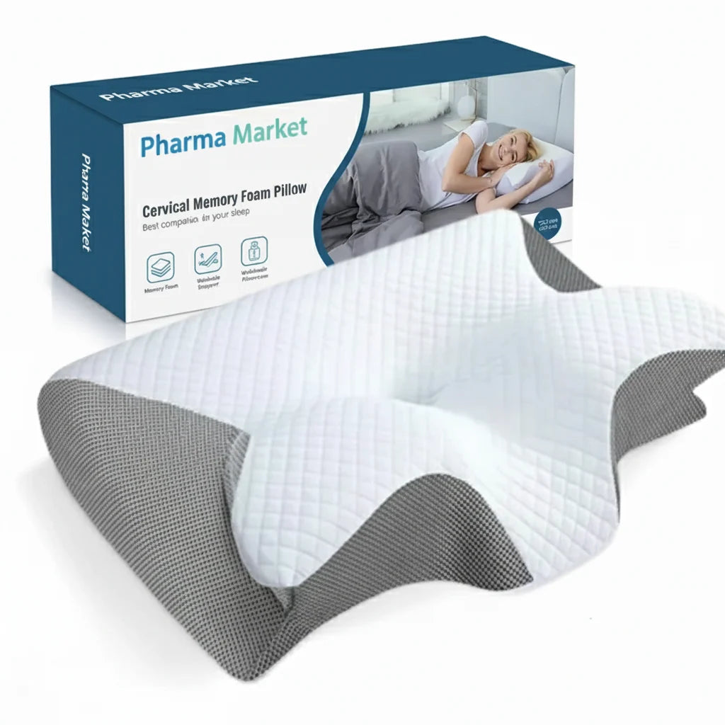 Memory Foam Pillow – Neck Comfort & Ergonomic Support with contoured cervical design and textured grey side panels