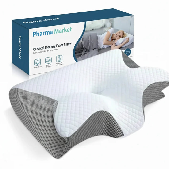Memory Foam Pillow – Neck Comfort & Ergonomic Support with contoured cervical design and textured grey side panels