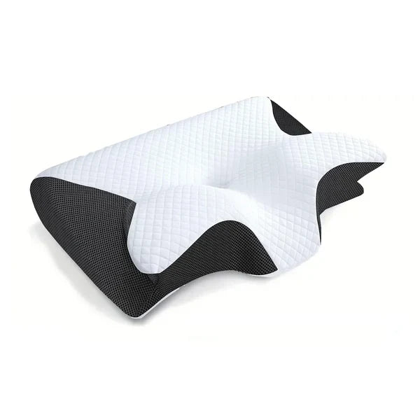 Memory foam pillow featuring grey textured panels and white quilted centre section