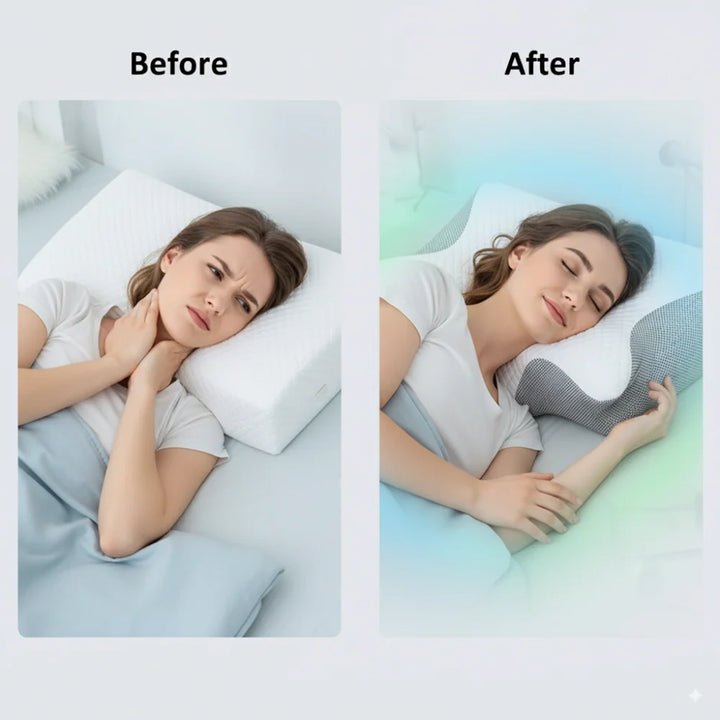 Cervical memory foam pillow shown with packaging featuring neck alignment illustration and hypoallergenic icons