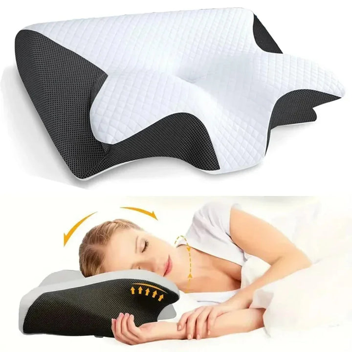 Contoured neck support pillow in white with grey textured side panels for spinal alignment