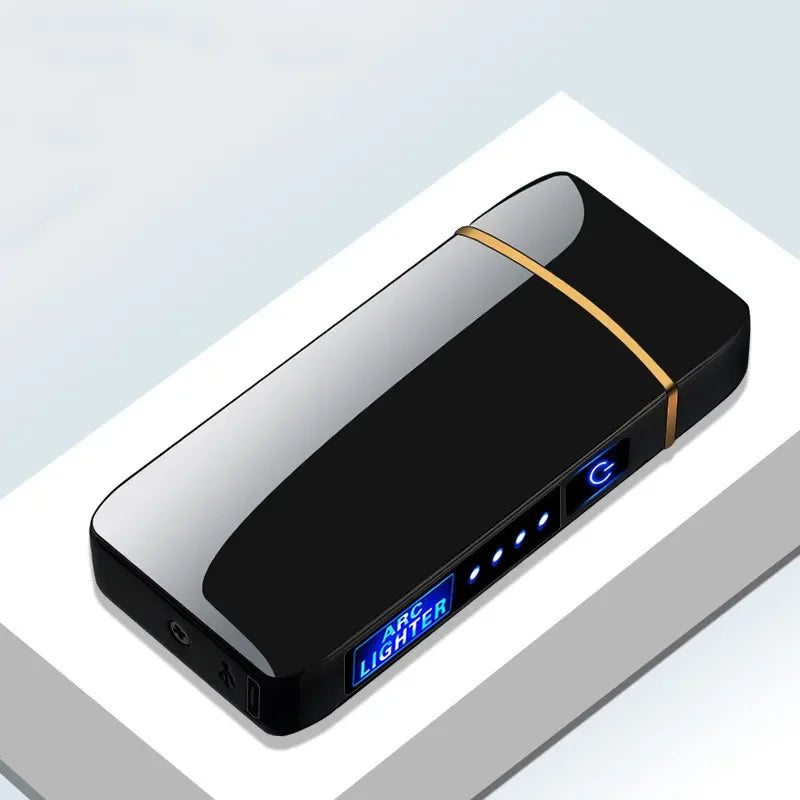 Men's rechargeable USB plasma lighter with black metallic body and gold trim detail