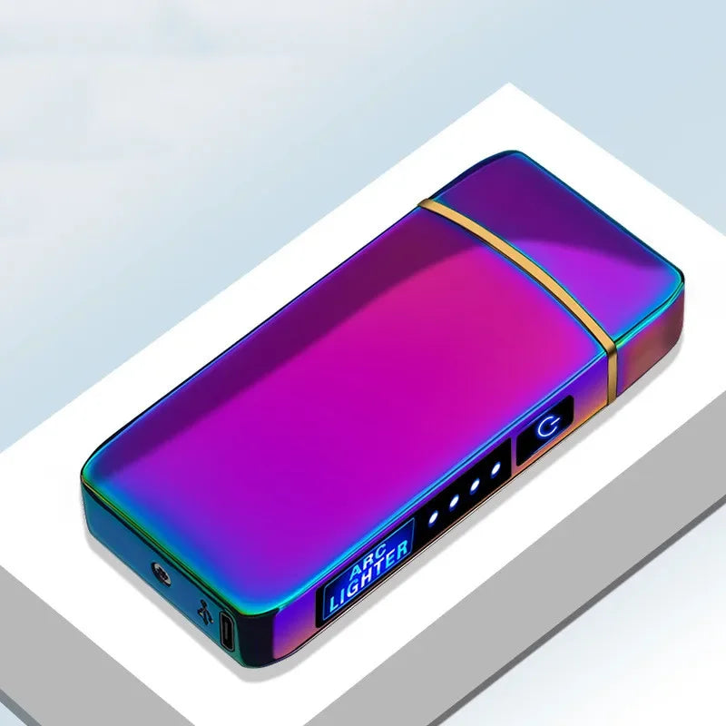 Portable windproof lighter featuring dual arc plasma flame and USB charging