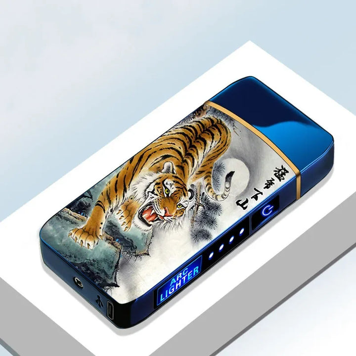 Men's electronic lighter with sleek black metallic body and gold trim accent