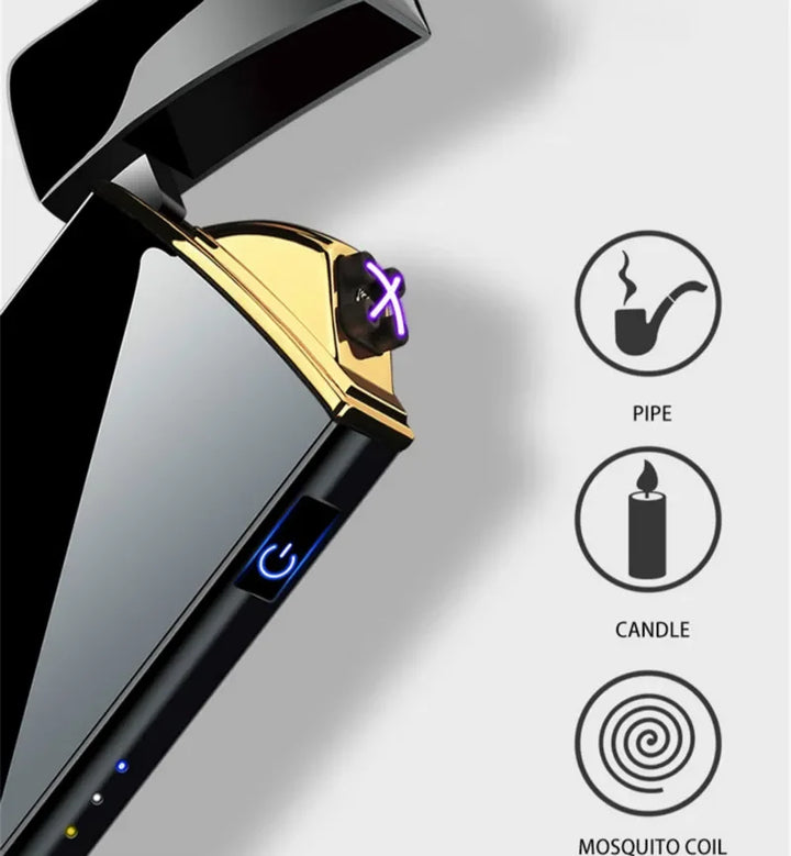 Rechargeable USB plasma lighter showing LED battery display and touch sensor button