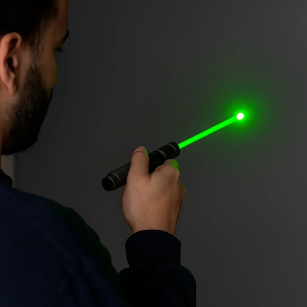 Man holding Powerful Long Range Laser Pointer Torch Regular Price with bright green beam projecting forward