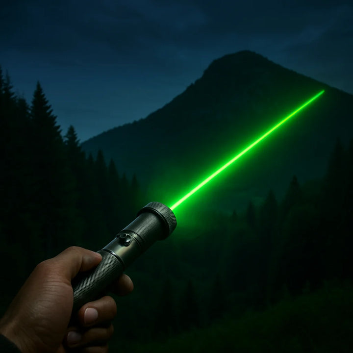 Close-up of Powerful Long Range Laser Pointer Torch showing aerospace-grade aluminium alloy construction and ergonomic grip