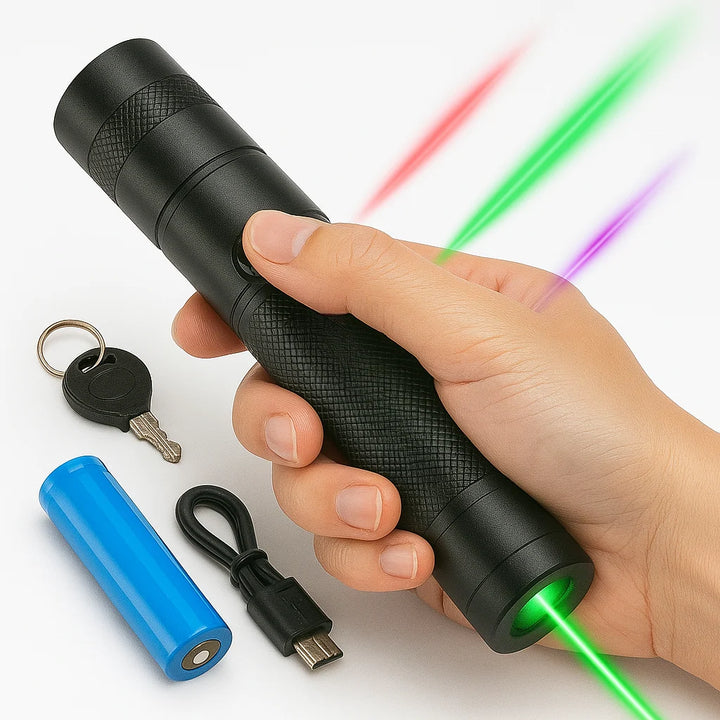 Green beam laser pointer torch demonstrating long-range projection capability up to 10,000 metres