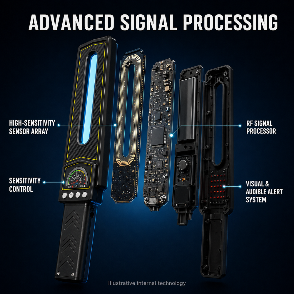Portable RF bug detector scanner showing dual-sided design with signal strength indicators and camera lens detection features