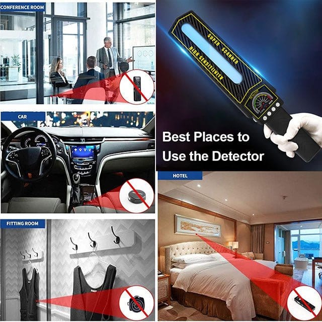 Handheld hidden camera and tracker finder with RF signal detection and optical lens scanning capabilities