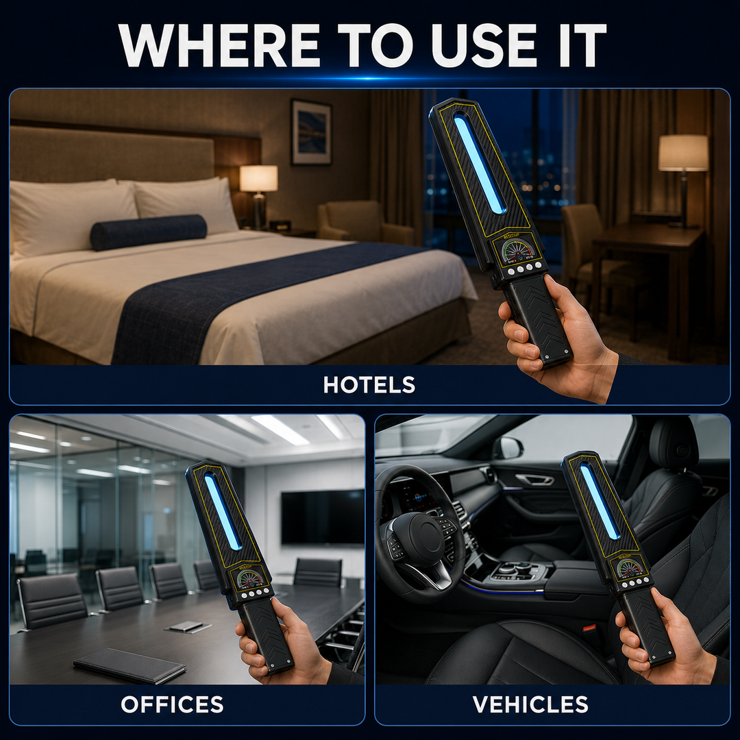 Handheld hidden camera and tracker finder with RF signal detection and optical lens scanning capabilities
