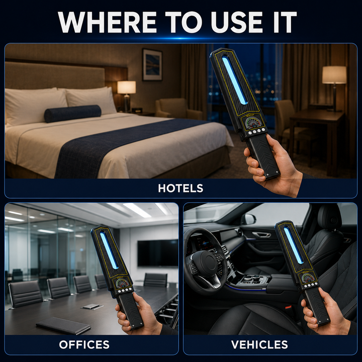 Handheld hidden camera and tracker finder with RF signal detection and optical lens scanning capabilities
