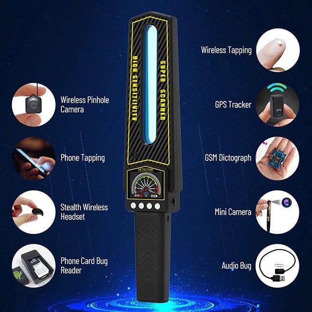 Compact surveillance detection device with LED alerts for locating GPS trackers and wireless bugs