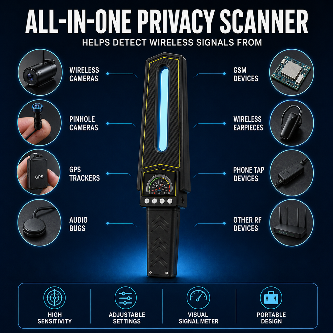 Compact surveillance detection device with LED alerts for locating GPS trackers and wireless bugs