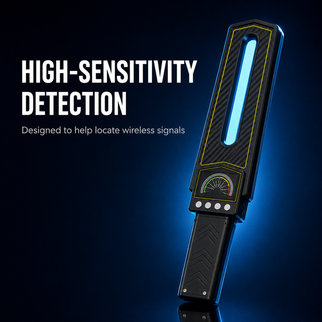 Portable RF bug detector and hidden camera finder for detecting surveillance devices in hotels, cars, offices, and at home.