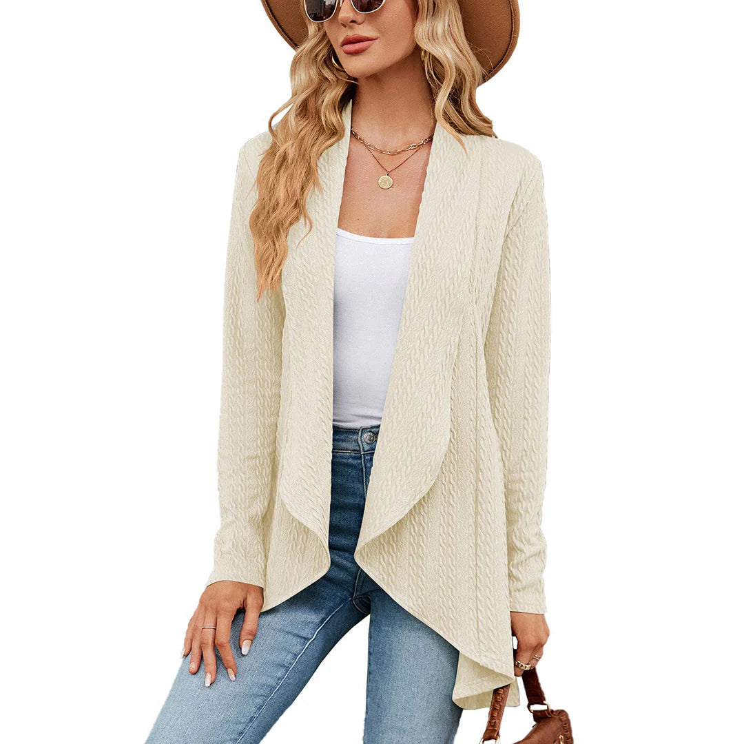 Grey textured cardigan showing open front design and extended front panel detail