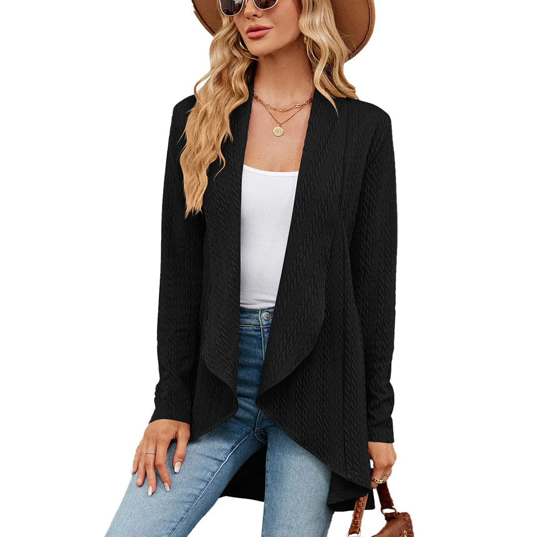 Detail of cardigan fabric texture and draping along body for flattering relaxed fit